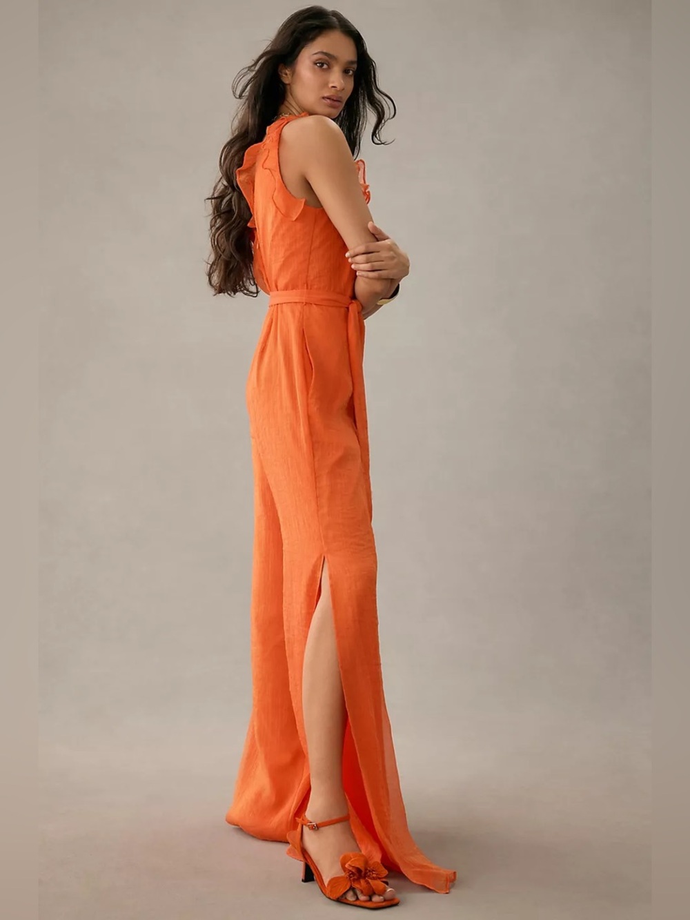 Hutch Tangerine Ruffle Wide Leg Jumpsuit Size 14P Petite NWT - Picture 2 of 11